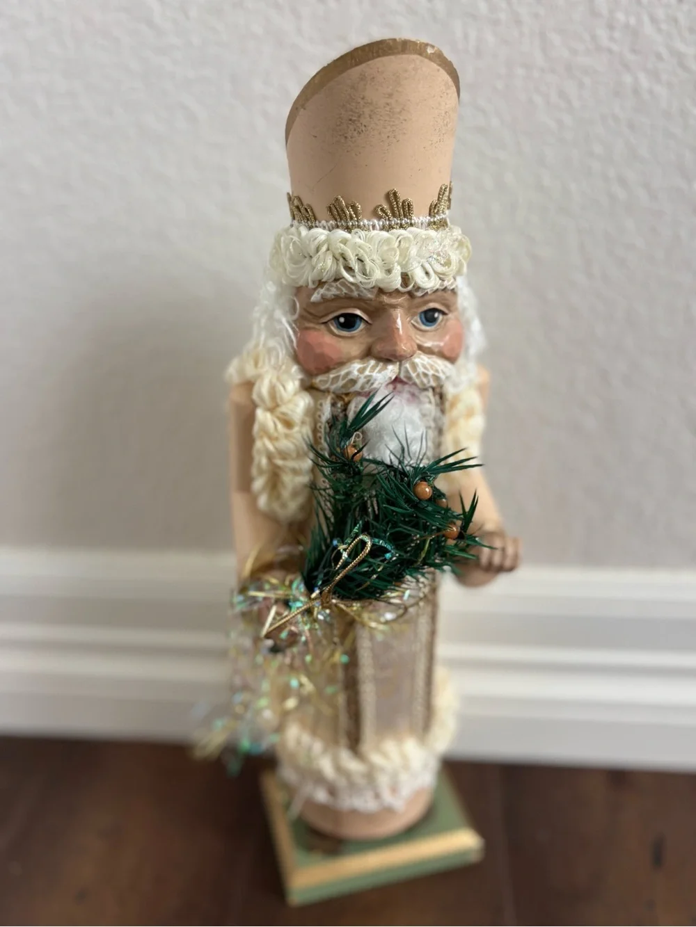 Vintage Wooden Santa Claus Nutcracker Figurine White Gold Elegant Holiday Decor